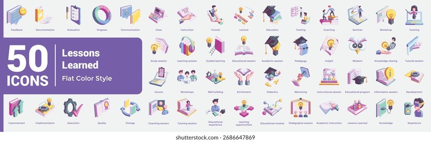 Icono completo de aprendizaje estructurado y reflexión, ideal para educadores, Equipos de proyectos e iniciativas de mejoramiento continuo. Estilo de color plano.