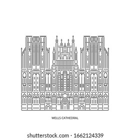 Wells Cathedral - Anglican cathedral in Wells, Somerset, England. Famous landmark of England. Monument of Anglicanism and early Gothic architecture. Linear style outline vector illustration