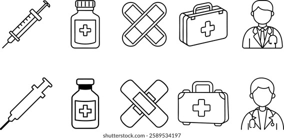 A well-structured healthcare icon set containing a syringe, medicine bottle, bandage, medical kit, and doctor. Ideal for pharmacies, hospitals, vaccination campaigns, and medical branding.

