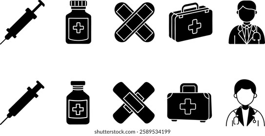 A well-structured healthcare icon set containing a syringe, medicine bottle, bandage, medical kit, and doctor. Ideal for pharmacies, hospitals, vaccination campaigns, and medical branding.

