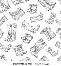 Welly boots seamless pattern, rubber shoes for the whole family, sketch vector illustration on white. Hand drawn waterproof spring or autumn footwear for rainy weather. Gum boots for kids and adults.