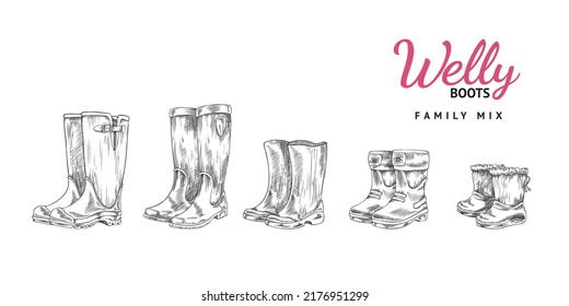 Welly Boots Set With Black And White Engraving, Sketch Vector Illustration Isolated On White Background. Gum Shoes For Kids And Adults. Spring Or Autumn Footwear For Rainy Weather.