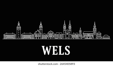 Wels Austria Skyline Silhouette with Black Background.