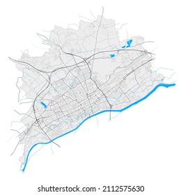 Wels, Upper Austria, Austria high resolution vector map with city boundaries and editable paths. White outlines for main roads. Many detailed paths. Blue shapes and lines for water.