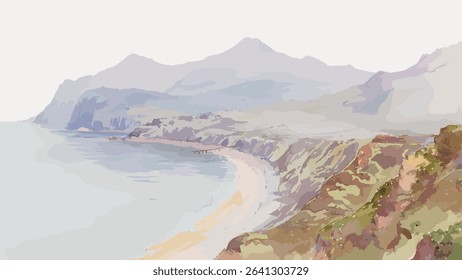Welsh coast watercolor border from George Elbert Burr artwork, isolated vector element. 