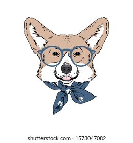 Welsh Corgi breed dog wear glasses, bandana isolated on white background Symmetrical pet head. Realistic hand drawn vector illustration.