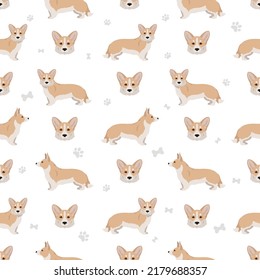 Patrón sin costuras de corgi galés cardigan. Postas diferentes, colores de abrigo.  Ilustración del vector