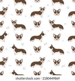 Welsh corgi cardigan seamless pattern. Different poses, coat colors set.  Vector illustration