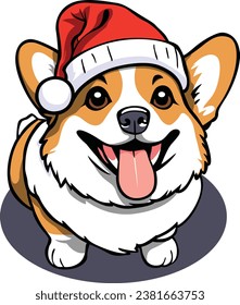 Welsh Corgi Christmas Vector cartoon clip art illustration Christmas Hat Dog, Dog in Christmas Santa hat, Full length of Welsh Corgi wearing Christmas hat.