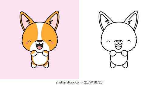 Welsh Corgi Clipart for Coloring Page and Multicolored Illustration.  Adorable Clip Art Corgi. Vector Illustration of a Kawaii Dog for Coloring Pages, Prints for Clothes, Stickers, Baby Shower.
