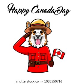 Welsh corgi dog. Canadian flag. Canada day card. Royal Canadian Mounted Police. Corgi portrait. Vector illustration.