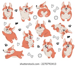 Corgi galés perro adorable cachorro pegatina línea de arte conjunto de concepto de arte. Elemento de ilustración de diseño gráfico de vector
