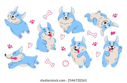 Galês corgi cão bonitinho cachorro adesivo linha arte conjunto conceito. Elemento de ilustração de design gráfico vetorial