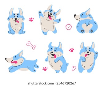 Galês corgi cão bonitinho cachorro adesivo linha arte conjunto conceito. Elemento de ilustração de design gráfico vetorial