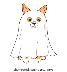 Welsh Corgi dog dressed up as a ghost. Halloween cartoon vector illustration.