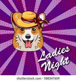 Welsh corgi dog face in a hat. Ladies Night badge. Vector illustration