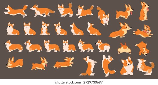 Welsh Corgi Dog Illustration Set in Different Poses and Emotions Cartoon Style