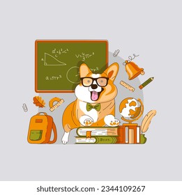 Welsh Corgi Dog student with glasses on the background of a blackboard with Books in School. September 1st. Vector illustration