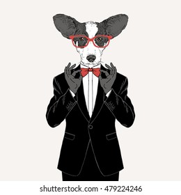 Welsh corgi dressed up in tuxedo, anthropomorphic illustration, fashion animals