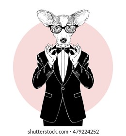 Welsh corgi dressed up in tuxedo, anthropomorphic illustration, fashion animals