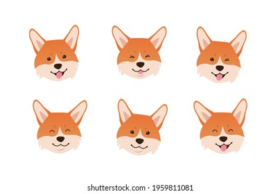 Welsh corgi face expressions. Set of cute cartoon smiling dog heads on white background. - Vector illustration