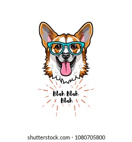 Welsh Corgi geek. Smart glasses. Dog nerd. Clever dog portrait. Vector illustration