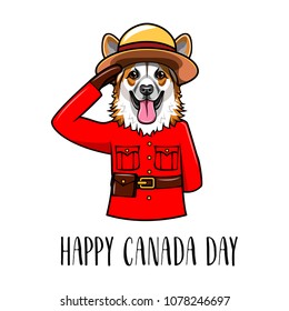 Welsh corgi. Happy Canada day. Royal Canadian Mounted Police form. Greeting card. Vector illustration