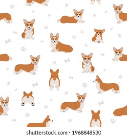 Welsh corgi pembroke seamless pattern. Different poses, coat colors set.  Vector illustration