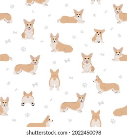 Welsh corgi pembroke seamless pattern. Different poses, coat colors set.  Vector illustration