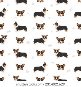 Welsh Corgi Pembroke seamless pattern. All coat colors set.  All dog breeds characteristics infographic. Vector illustration
