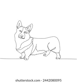 Welsh Corgi Pembroke, shepherd , royal dog breed, Welsh dog companion dog one line art. Continuous line drawing of friend, dog, doggy, friendship, care, pet, animal, family, canine.