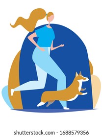 Welsh Corgi Pembroke walks or runs with the owner of a young or adult woman as a sport concept with a pet. Flat vector stock illustration with dog and girl who are best friends