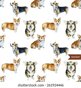 Welsh Corgi Pembroke, watercolor, dog, animal, pattern, backgrounds