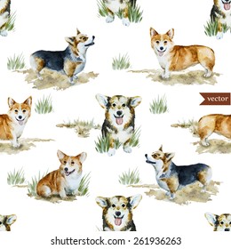 Welsh Corgi Pembroke, watercolor, dog, animal, pattern, 