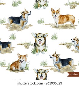 Welsh Corgi Pembroke, watercolor, dog, animal, pattern, backgrounds