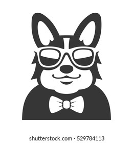 Welsh Corgi Pembroke wit Bowtie and Sunglasses Icon. Cartoon Hipster Style Vector