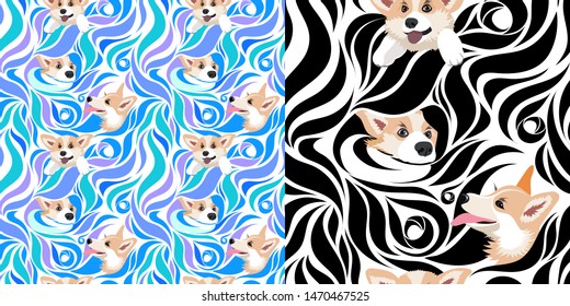 Welsh Corgi pet. Seamless pattern of a cute dog. Set for printing on fabric