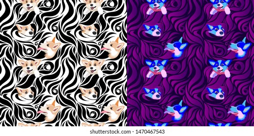 Welsh Corgi pet. Seamless pattern of a cute dog. Set for printing on fabric