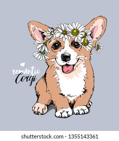 Welsh Corgi puppy with a chamomile flowers. Romantic Corgi - lettering quote. Humor card, t-shirt composition, hand drawn style print. Vector illustration.