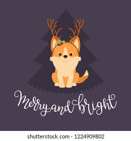 Welsh corgi puppy wearing deer horns headband. Merry and Bright hand lettering. Vector illustration