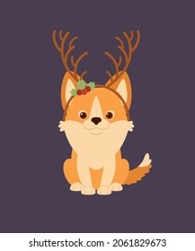 Welsh corgi puppy wearing deer horns headband. Christmas greetings card template. Vector illustration