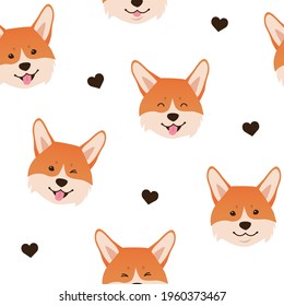 Welsh Corgi seamless pattern. Happy cute cartoon dog smiling faces with hearts on white background. - Vector illustration