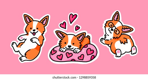 Welsh Corgi sticker pack. ?orgi in love and corgi with glasses. Cute puppies. Set of funny stickers. Great for greeting cards, Valentine's Day and more.