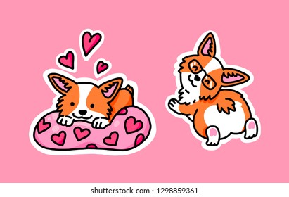 Welsh Corgi sticker pack. Сorgi in love and corgi with glasses. Set of funny stickers. Great for greeting cards, Valentine's Day and more.