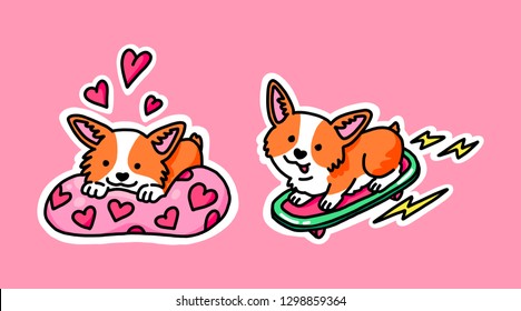 Welsh Corgi sticker pack. Corgi skater and corgi in love. Set of funny stickers. Great for greeting cards, Valentine's Day and more.