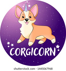 Welsh Corgi with a unicorn horn vector illustration in kids cartoons style. corgicorn - text quote. Humor card, t-shirt composition, hand drawn style print. 