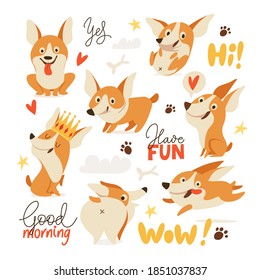 Welsh Corgi various characters, emoji stickers and patches collection with funny lettering. Cartoon funny Corgi in flat modern style. Welsh Corgi Pembroke cartoon set. 