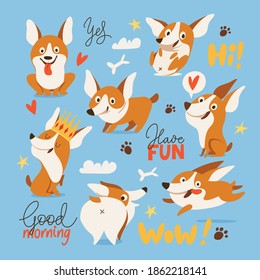 Welsh Corgi various characters, emoji stickers and patches collection with words and stars. Cartoon funny Corgi in flat modern style. Welsh Corgi Pembroke cartoon set. 