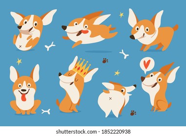 Corgi galés conjunto de varios personajes, emoticones y colección de parches. Caricatura graciosa Corgi de estilo moderno y plano. Juego de caricaturas de Corgi Pembroke galés. 