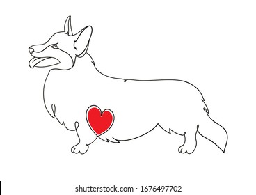 Welsh Corgi. Vector illustrations drawn by hand. Original linear image of a dog with a heart. Corgi. 